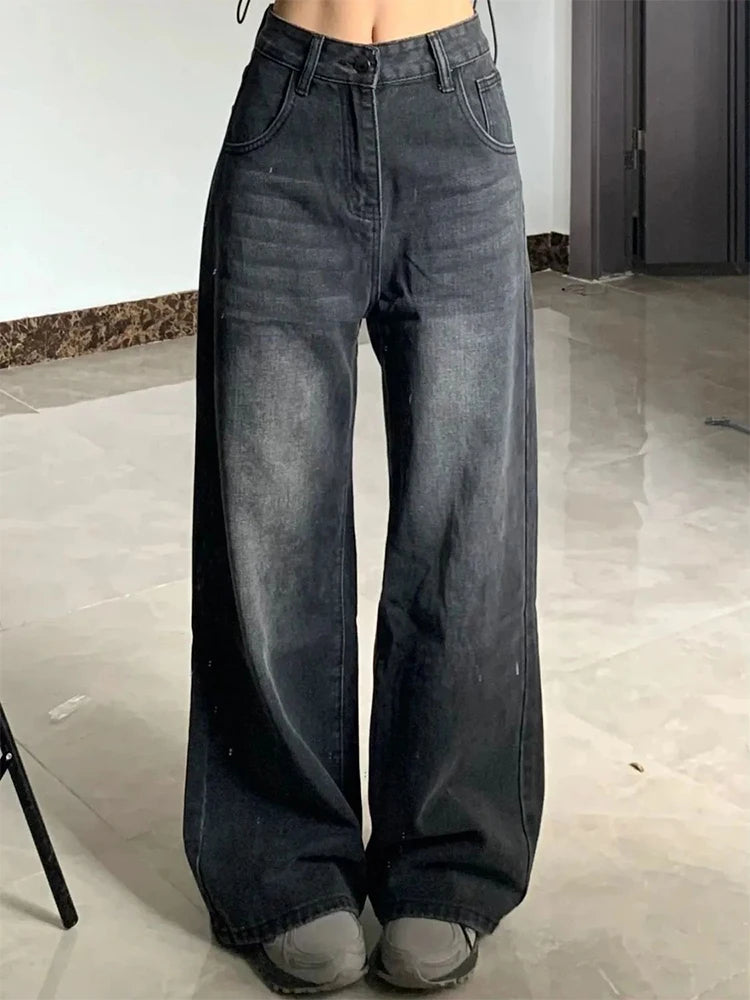 High Waist Baggy Straight Jeans for Women – Black & Grey