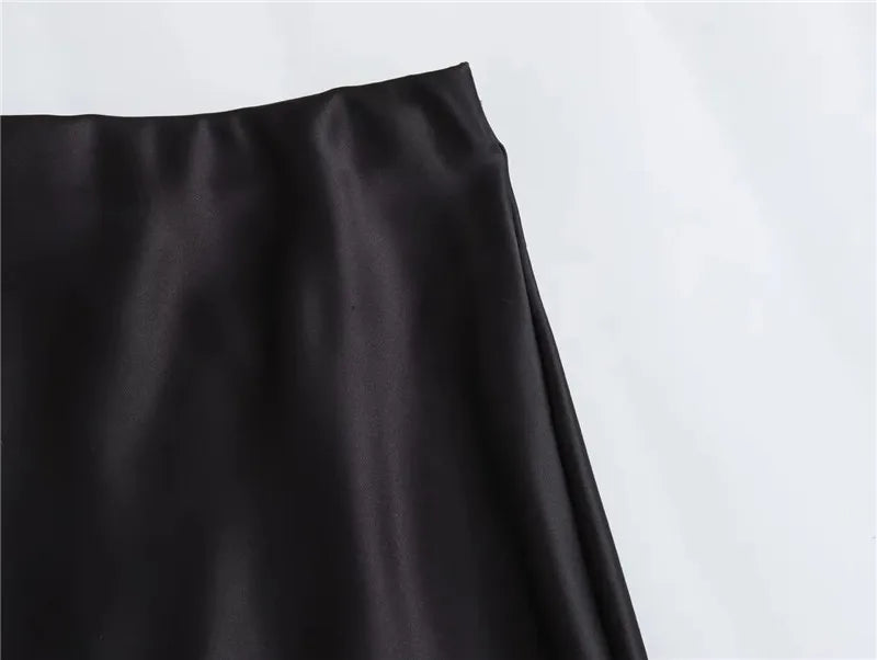High Waist Satin Midi Skirt for Women – Black Elegant Office Skirt