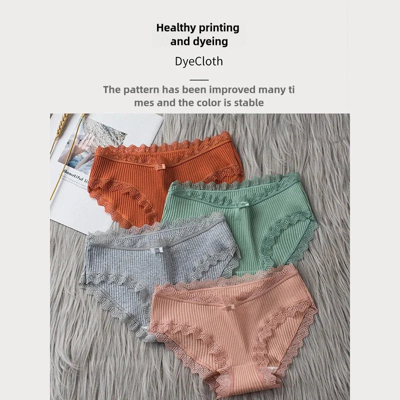 4pcs Women's Lace Bikini Panties – Comfy Breathable Mid-Rise Cotton Underwear