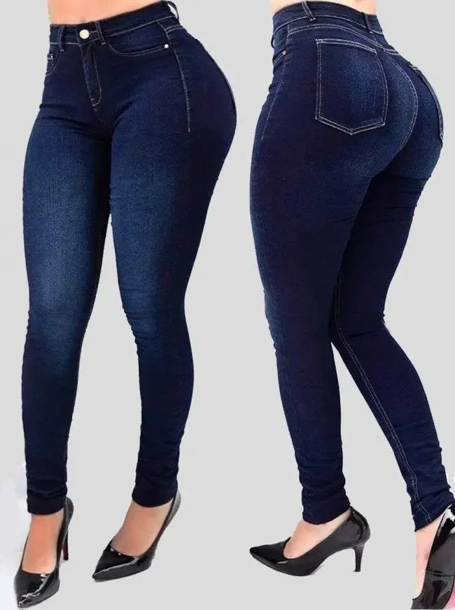 High Waist Slim Fit Denim Jeans for Women – Solid Color