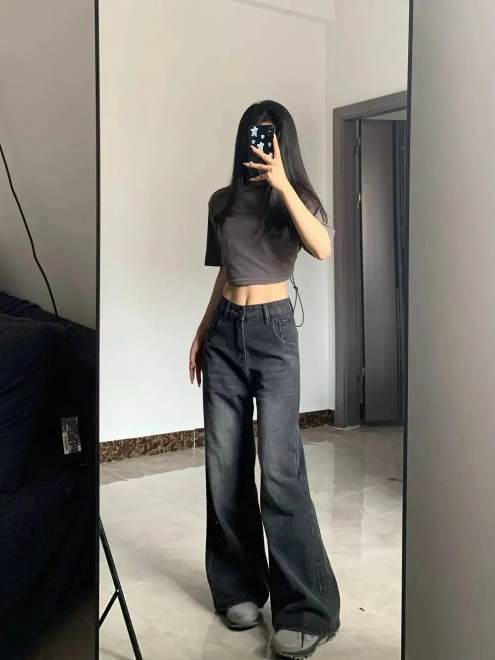 High Waist Baggy Straight Jeans for Women – Black & Grey