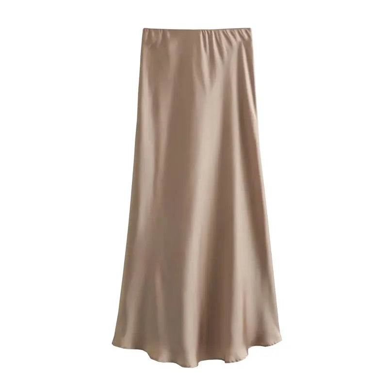 High Waist Satin Midi Skirt for Women – Black Elegant Office Skirt