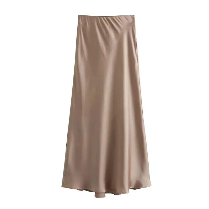 High Waist Satin Midi Skirt for Women – Black Elegant Office Skirt