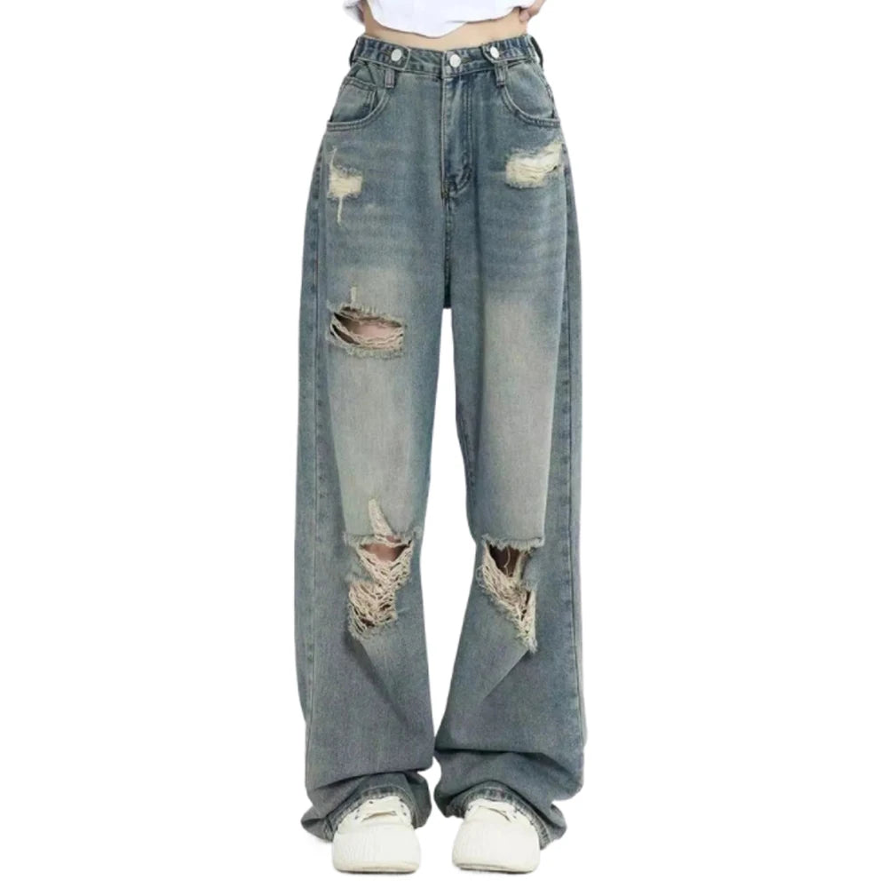 High Waist Wide-Leg Ripped Jeans for Women – Retro Blue