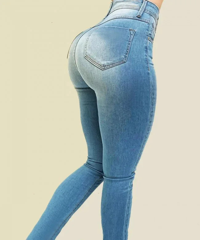 High Waist Slim Fit Denim Jeans for Women – Solid Color