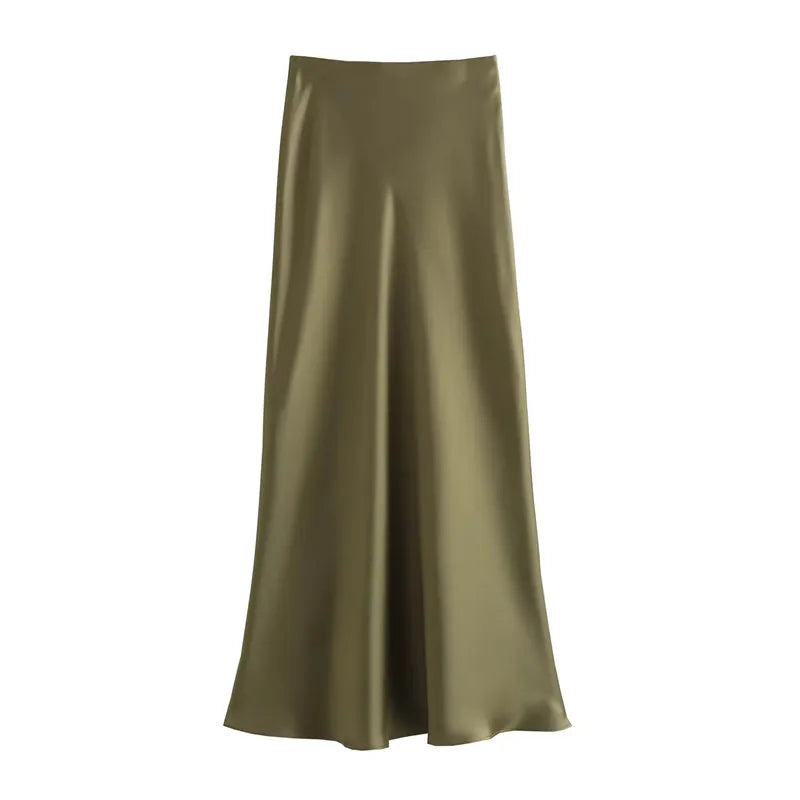 High Waist Satin Midi Skirt for Women – Black Elegant Office Skirt