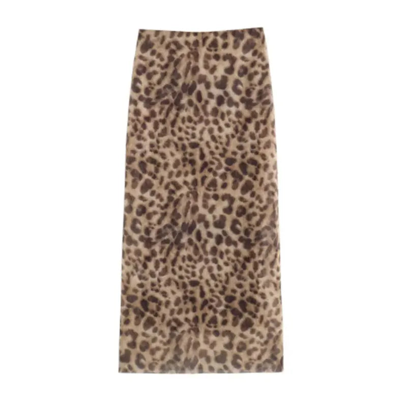 Leopard Print Tulle Midi Skirt for Women – High Waist