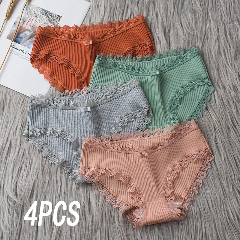 4pcs Women's Lace Bikini Panties – Comfy Breathable Mid-Rise Cotton Underwear
