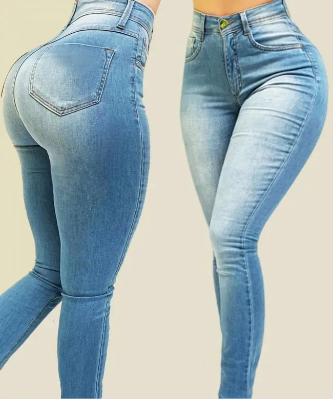High Waist Slim Fit Denim Jeans for Women – Solid Color