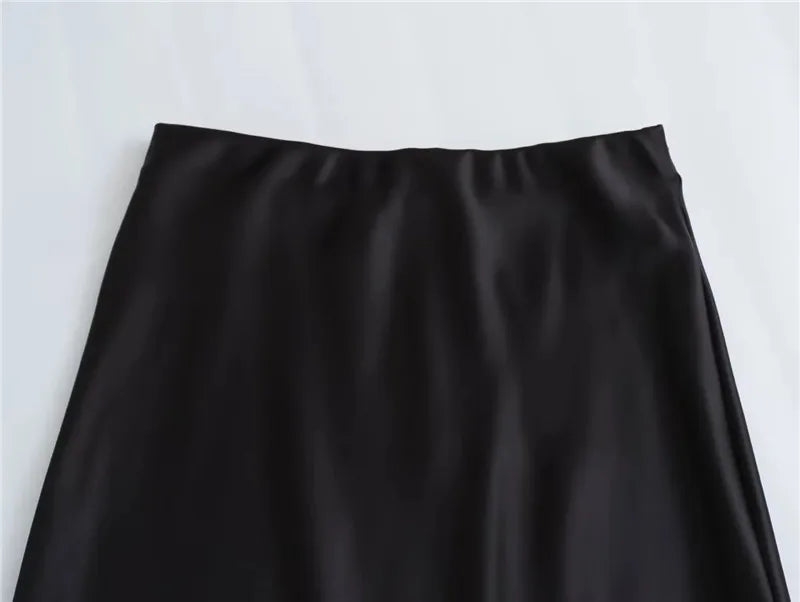 High Waist Satin Midi Skirt for Women – Black Elegant Office Skirt