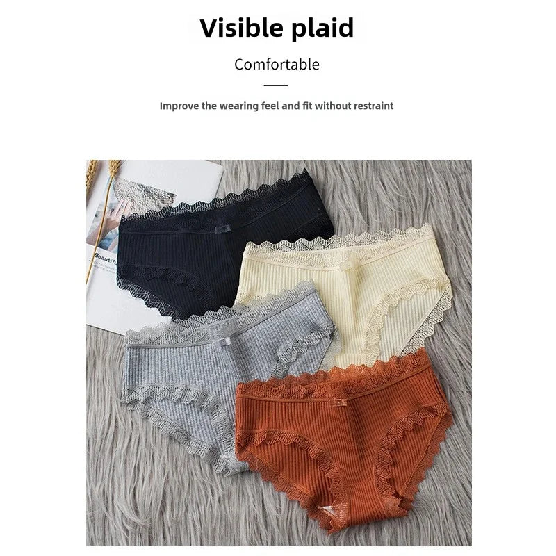 4pcs Women's Lace Bikini Panties – Comfy Breathable Mid-Rise Cotton Underwear