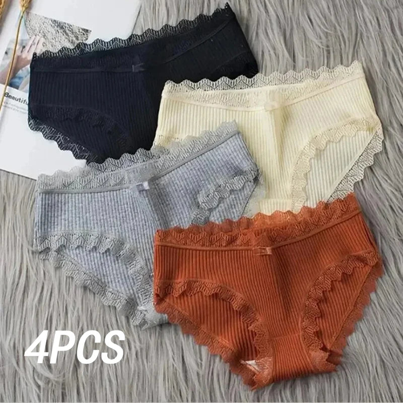 4pcs Women's Lace Bikini Panties – Comfy Breathable Mid-Rise Cotton Underwear