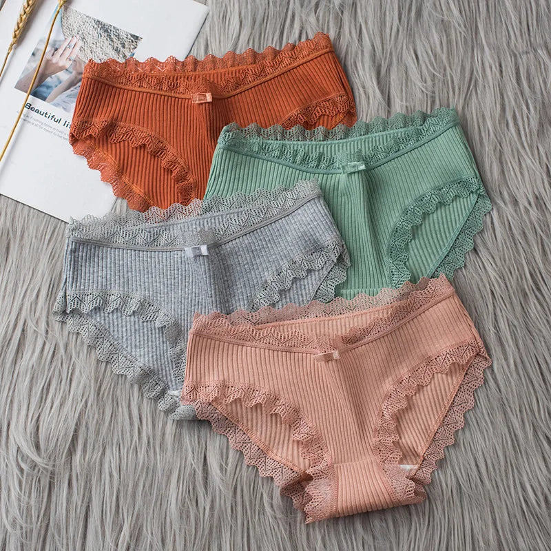 4pcs Women's Lace Bikini Panties – Comfy Breathable Mid-Rise Cotton Underwear