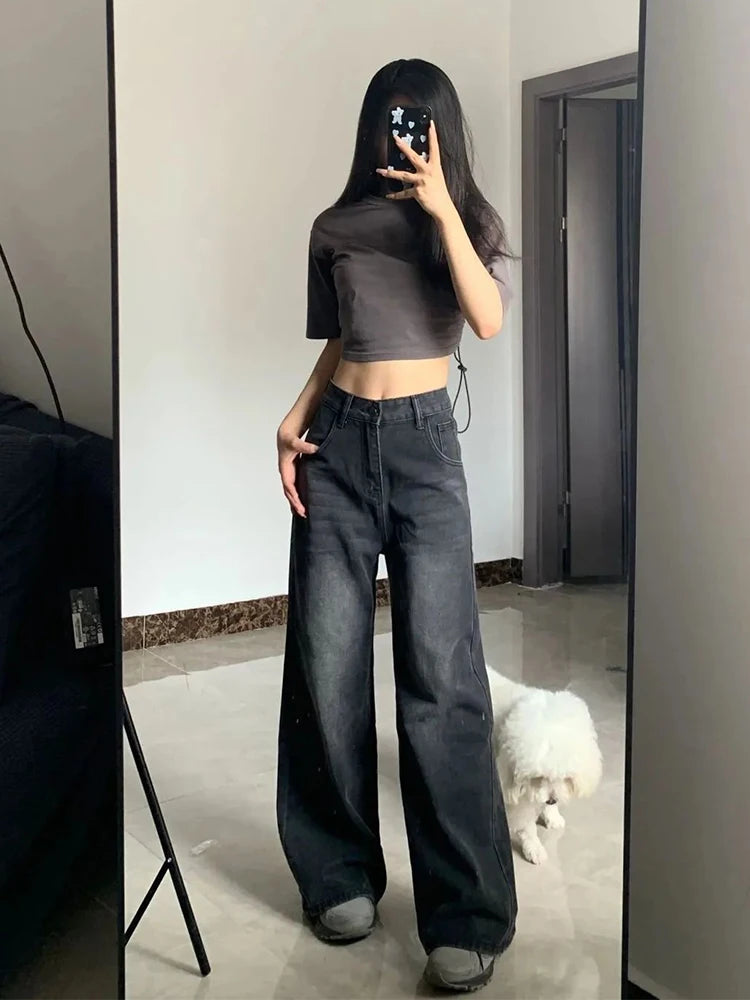 High Waist Baggy Straight Jeans for Women – Black & Grey
