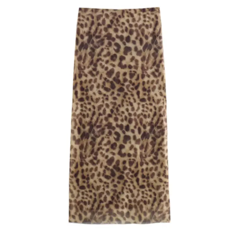 Leopard Print Tulle Midi Skirt for Women – High Waist