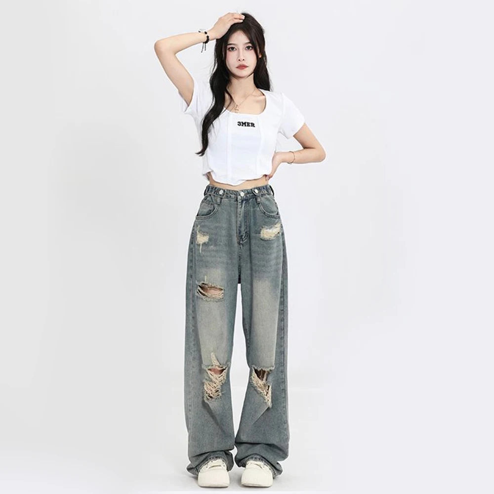 High Waist Wide-Leg Ripped Jeans for Women – Retro Blue