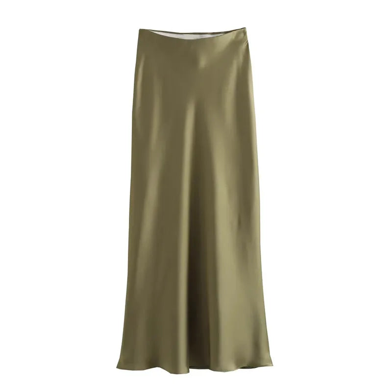 High Waist Satin Midi Skirt for Women – Black Elegant Office Skirt