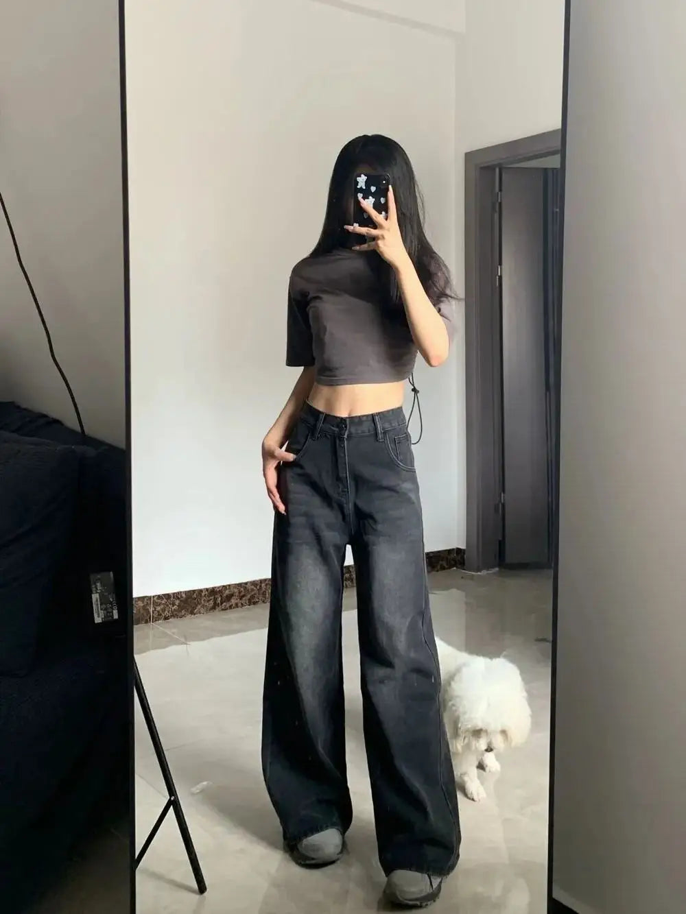 High Waist Baggy Straight Jeans for Women – Black & Grey
