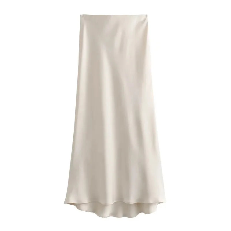 High Waist Satin Midi Skirt for Women – Black Elegant Office Skirt