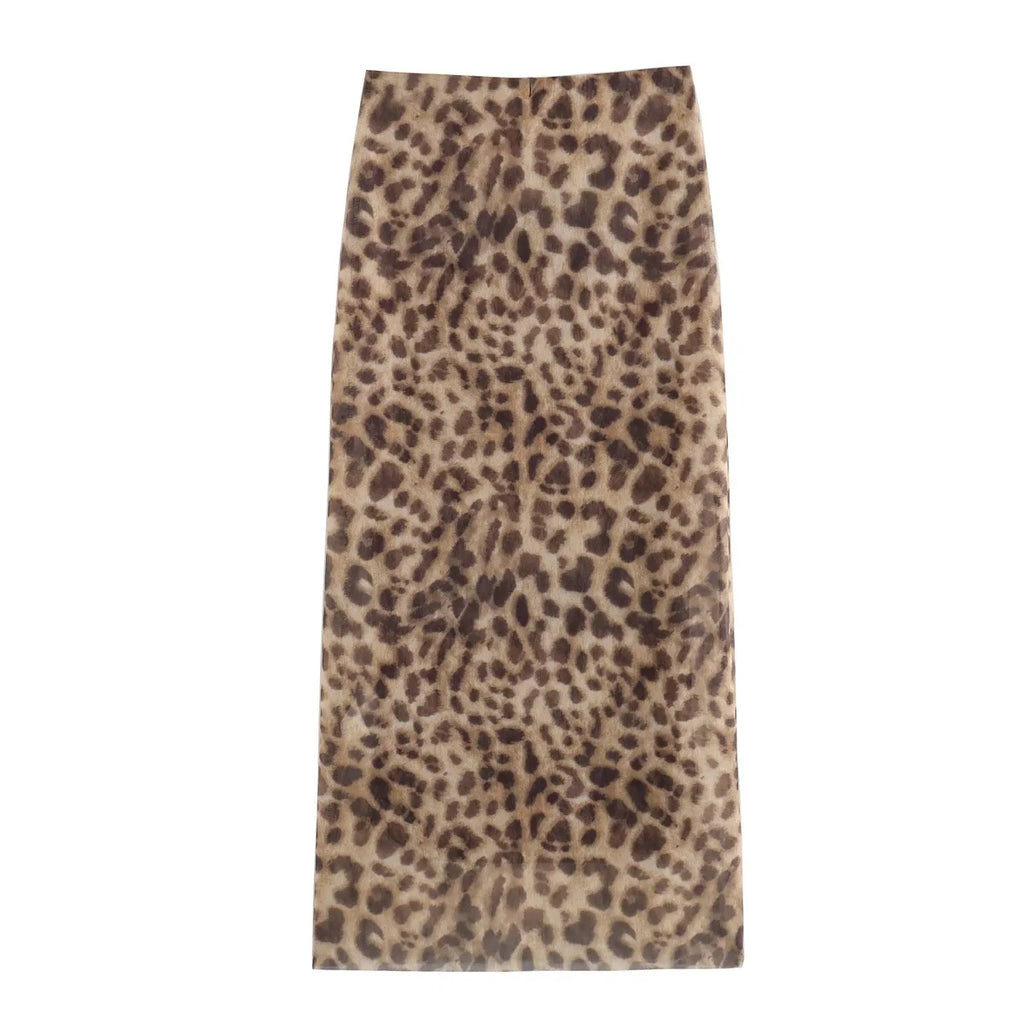 Leopard Print Tulle Midi Skirt for Women – High Waist