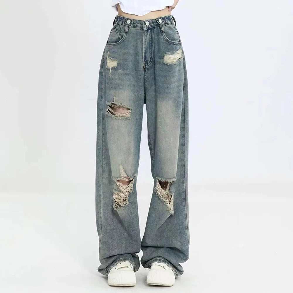 High Waist Wide-Leg Ripped Jeans for Women – Retro Blue