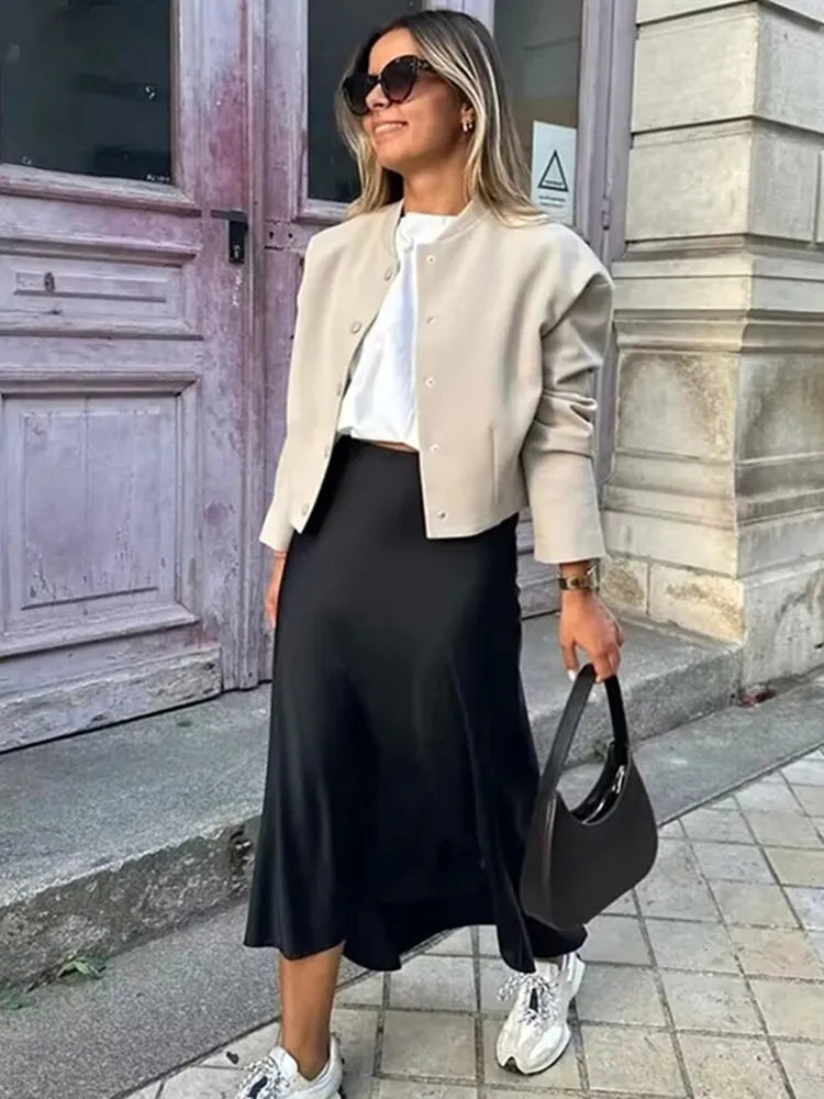 High Waist Satin Midi Skirt for Women – Black Elegant Office Skirt