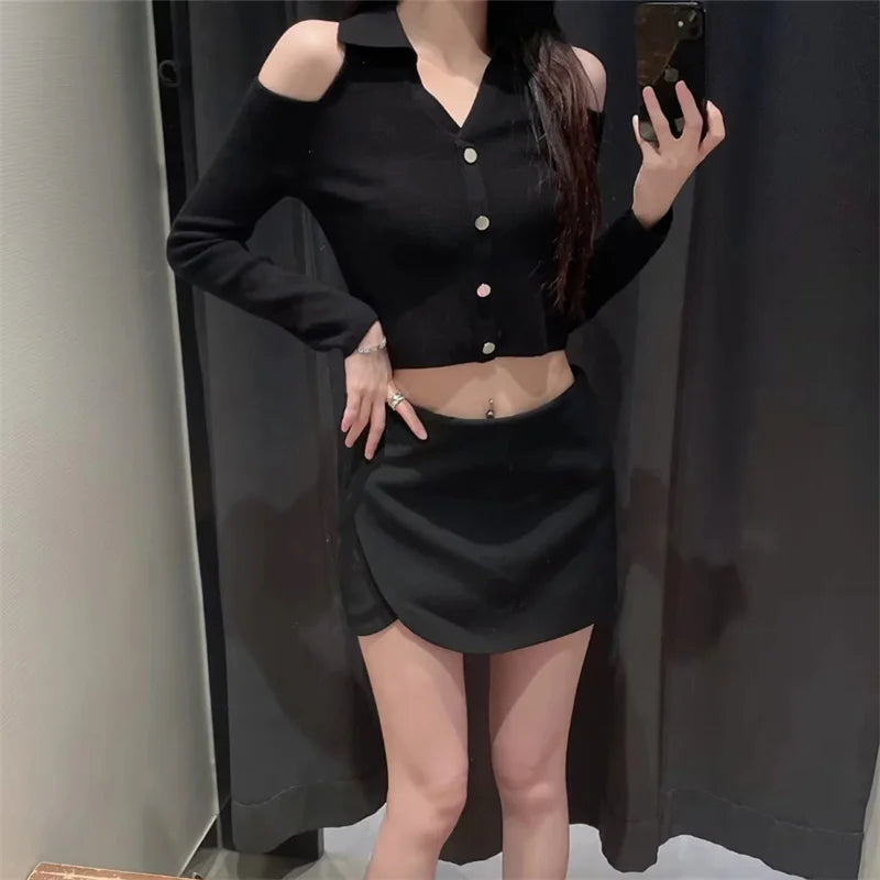 Black High Waist Asymmetrical Mini Skort for Women