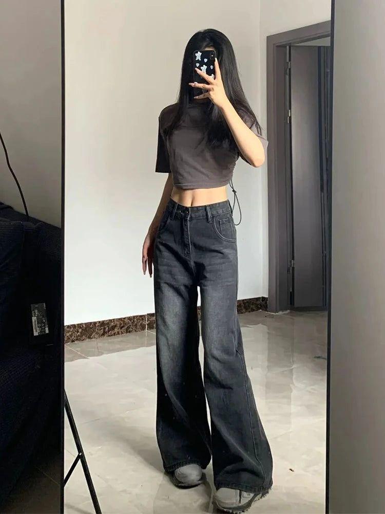 High Waist Baggy Straight Jeans for Women – Black & Grey