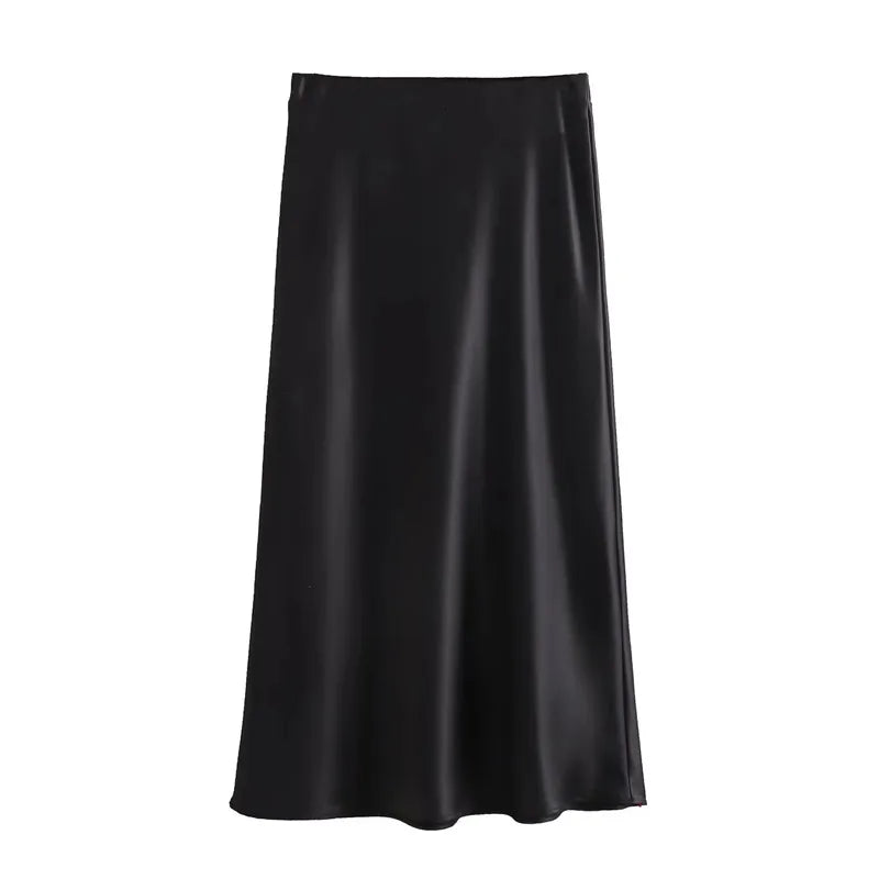 High Waist Satin Midi Skirt for Women – Black Elegant Office Skirt