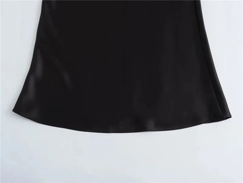 High Waist Satin Midi Skirt for Women – Black Elegant Office Skirt