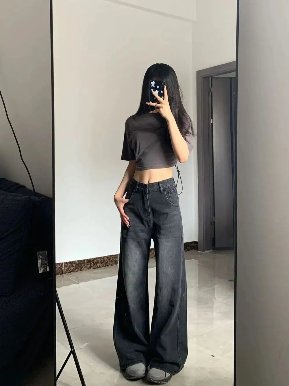 High Waist Baggy Straight Jeans for Women – Black & Grey