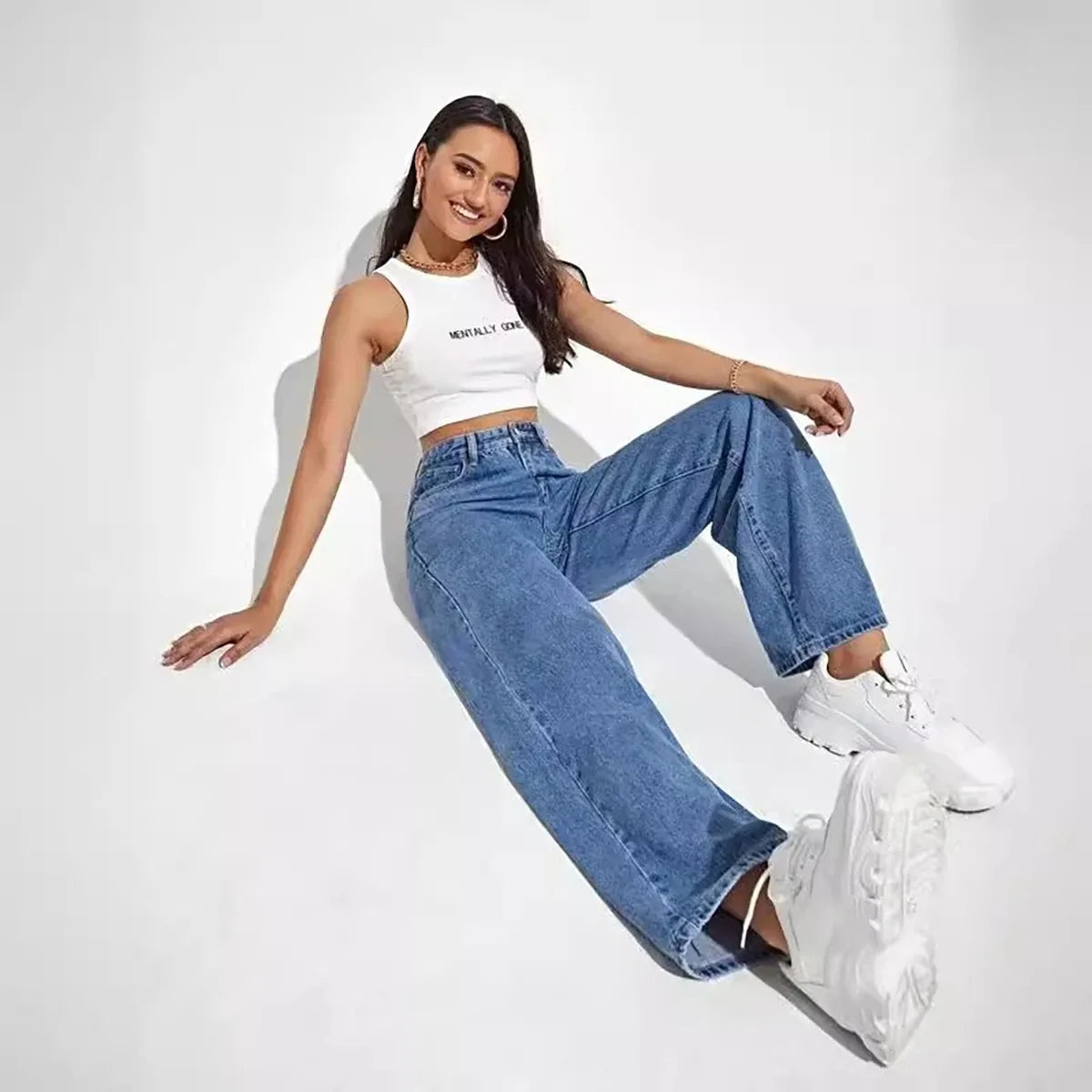 Retro High Waist Baggy Straight Jeans for Women