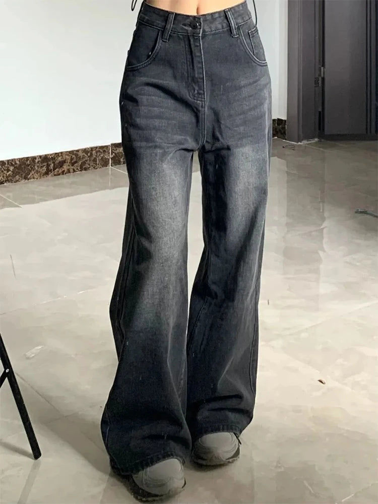 High Waist Baggy Straight Jeans for Women – Black & Grey